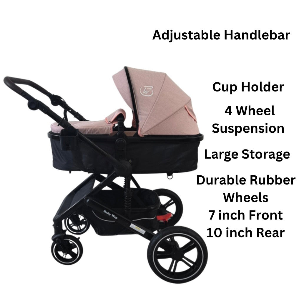 Supra Black - 3in1 Stroller Buggy + Bassinet + Capsule Travel System with Sunshade Sets & Food Tray & Pink Colour Pack
