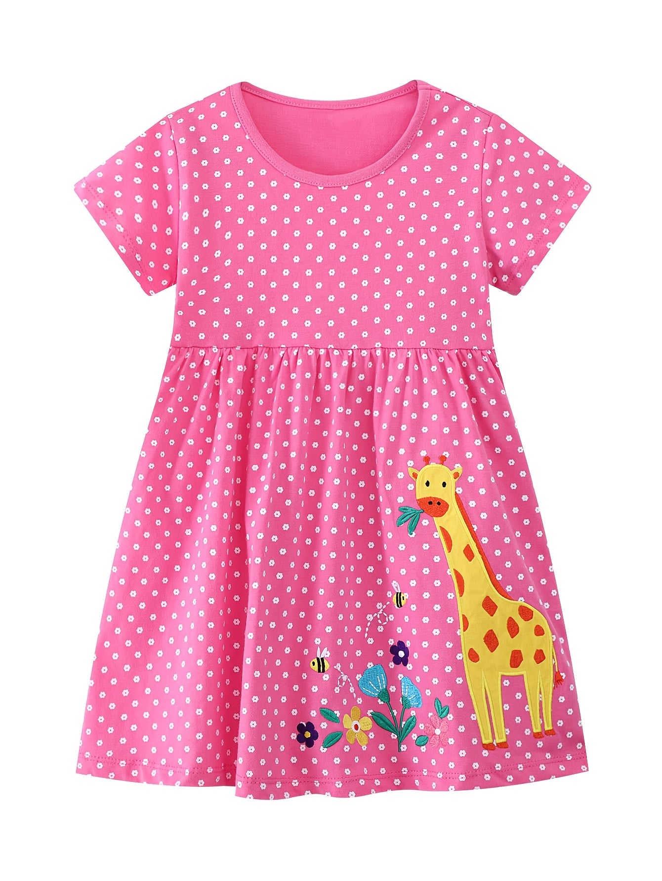 Short Sleeve Giraffe Floral Embroidery Knit Soft Casual Dress