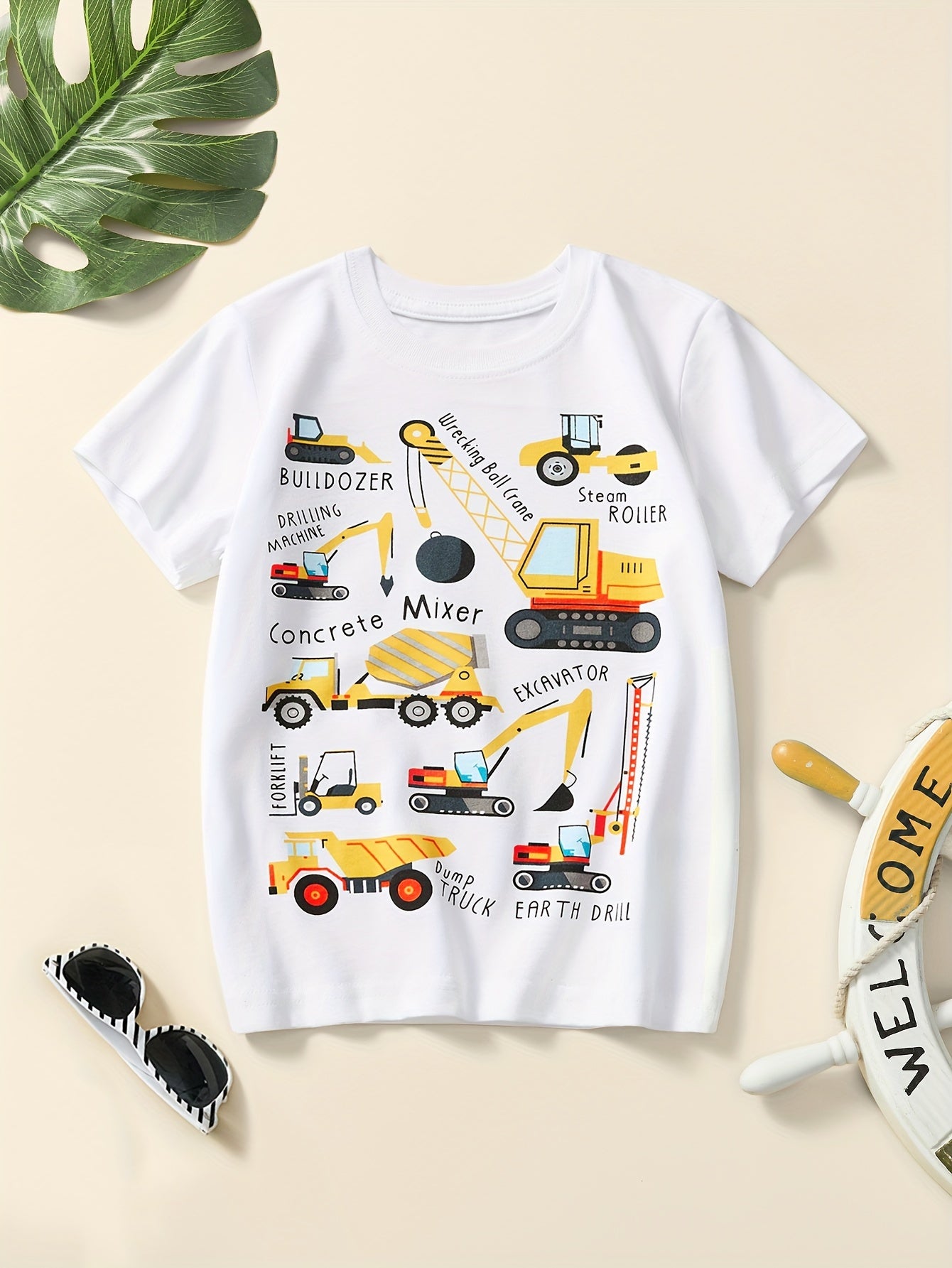 Boys' Pure Cotton Short-Sleeve T-Shirt with Excavator Print, Summer Breathable Trendy Style