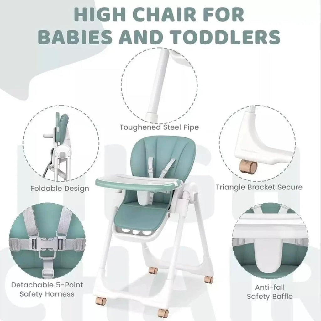 Elevate Adjustable and Folding High Chair with Locking Wheels and Storage Basket - GREY