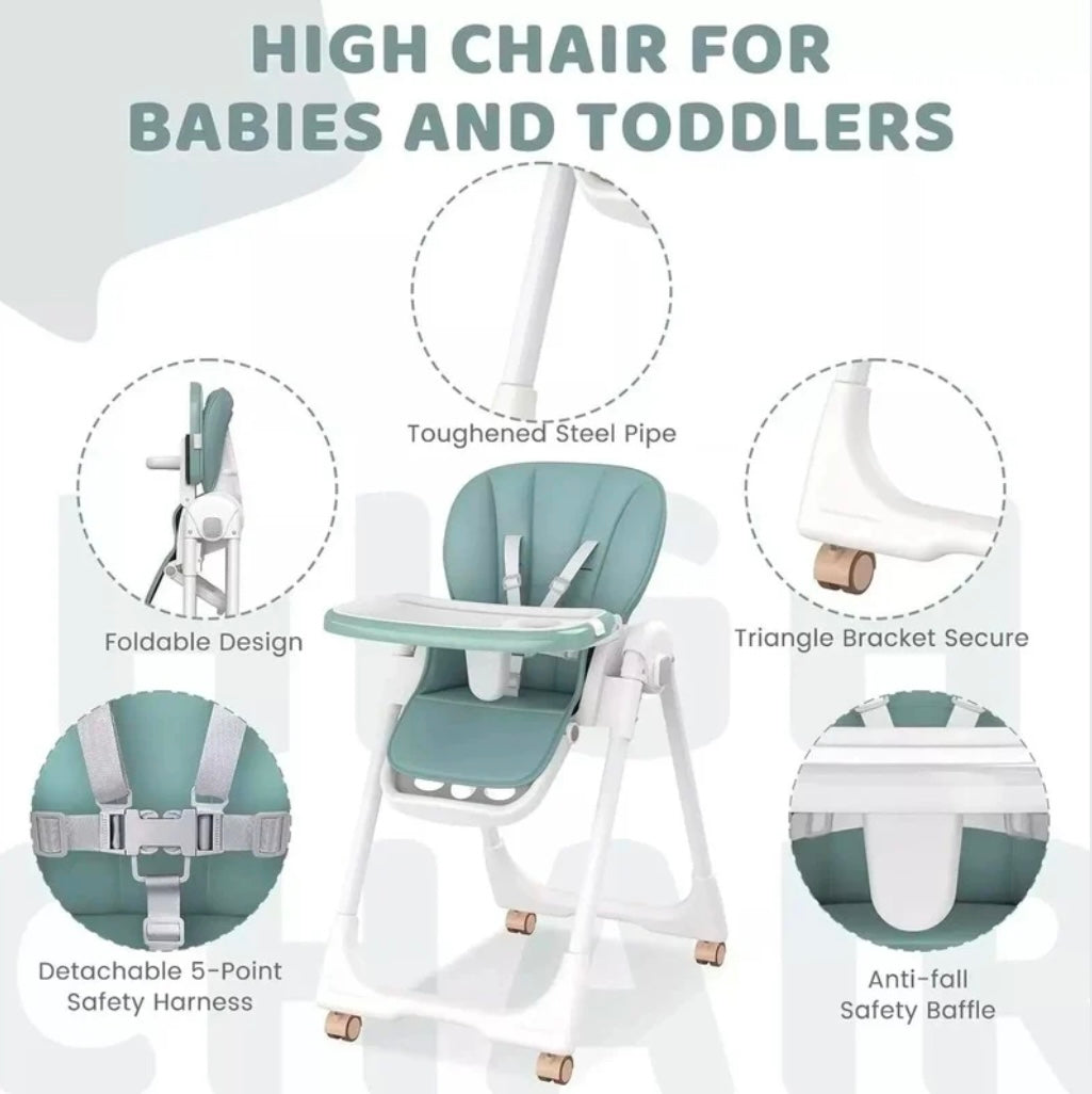 Elevate Adjustable and Folding High Chair with Locking Wheels and Storage Basket - GREY