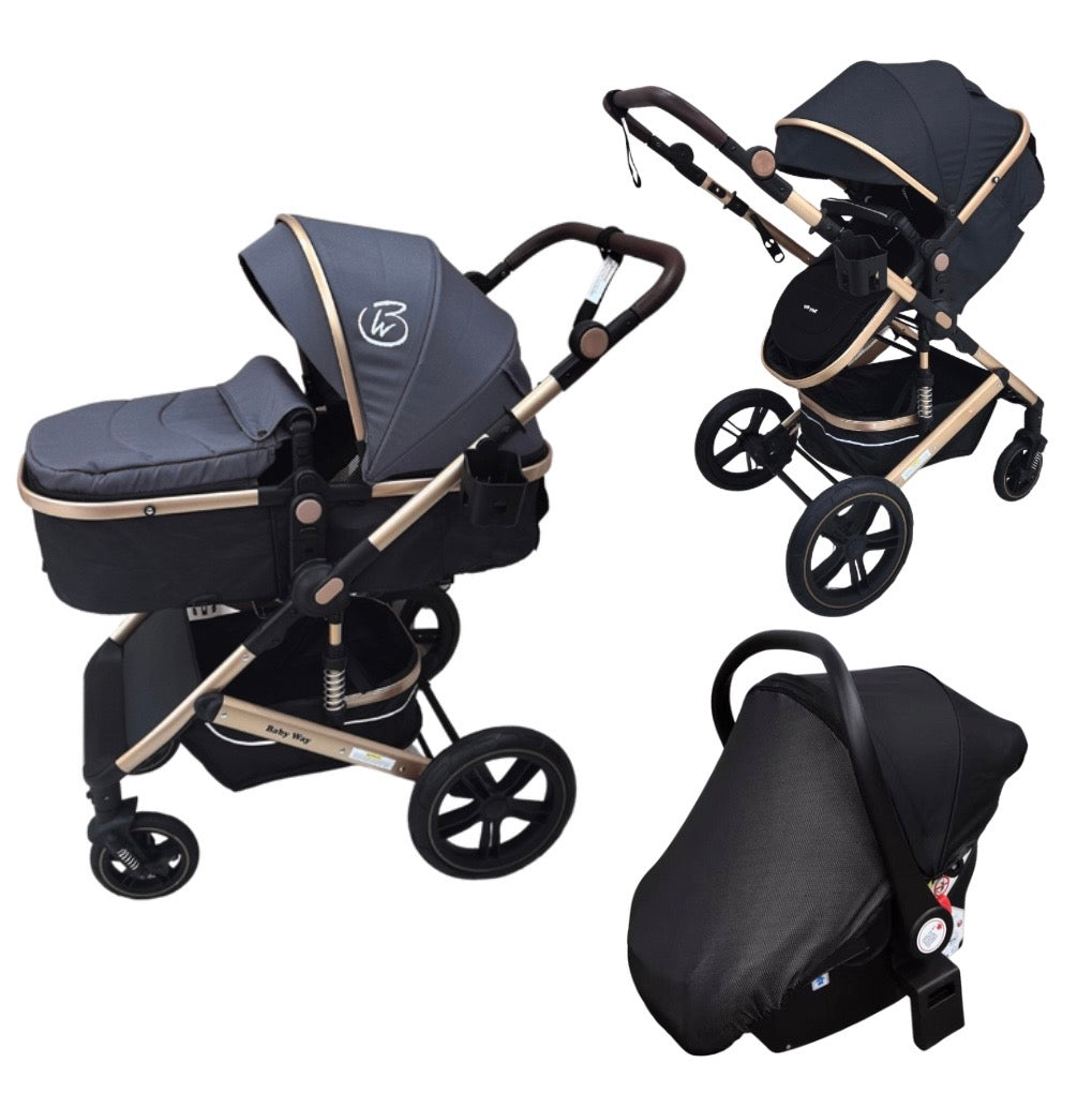 Preorder - Supra Gold - 3 in 1 Stroller Buggy + Bassinet + Capsule Car Seat Combo with Mattress, Food Tray and Grey Skin