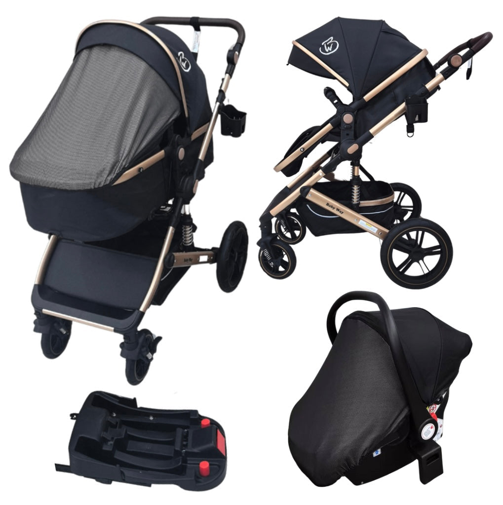 Preorder - Supra Gold 3-in-1 Travel System – Stroller Buggy + Bassinet + Capsule Car Seat and Mattress, Food Tray - Black Gold
