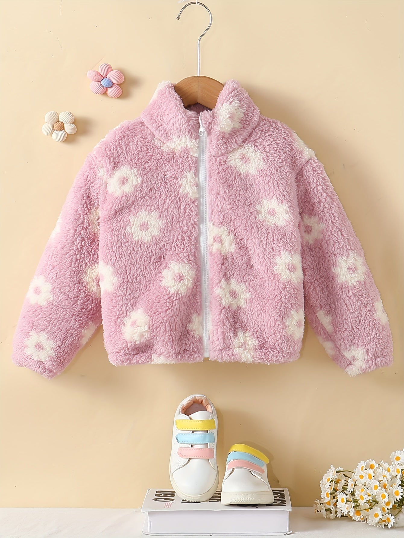 Girls' Plush Floral Stand-Up Collar Coat, Fall Winter Soft Cute Top