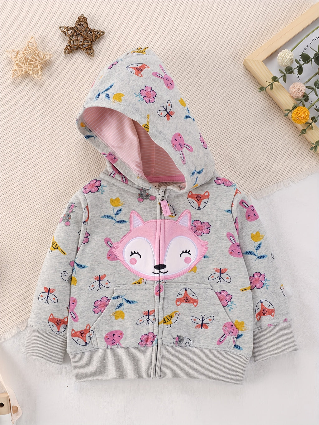 Girls' Animal Print Fox Patch Embroidered Sports Jacket