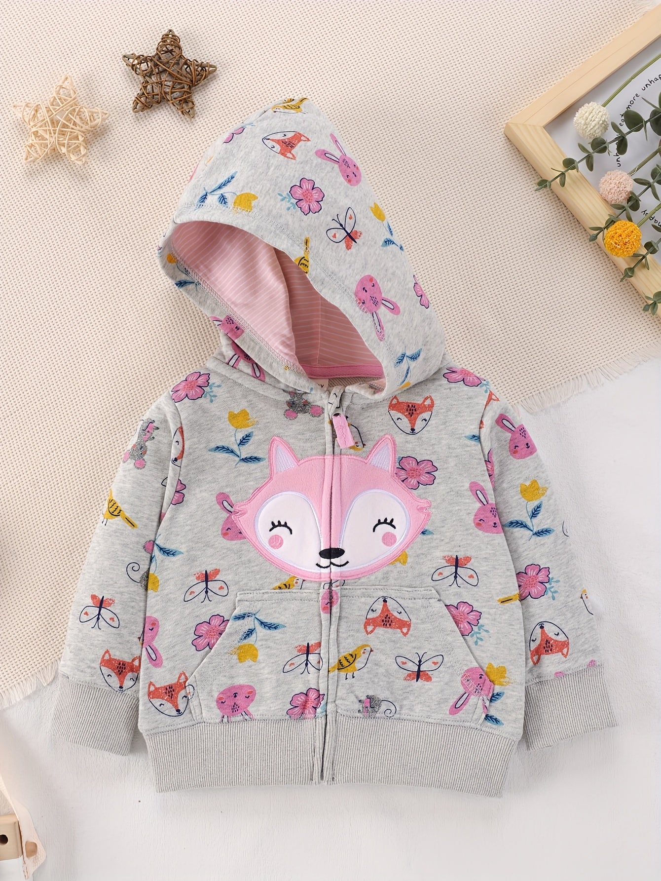 Girls' Animal Print Fox Patch Embroidered Sports Jacket