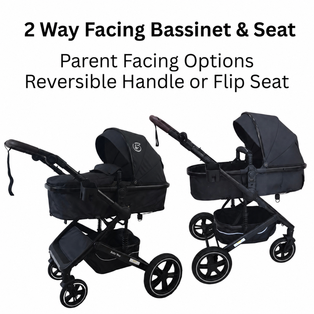Supra Black - 3in1 Stroller Buggy + Bassinet + Capsule Travel System with Sunshade Sets and Food Tray & Beige Colour Pack