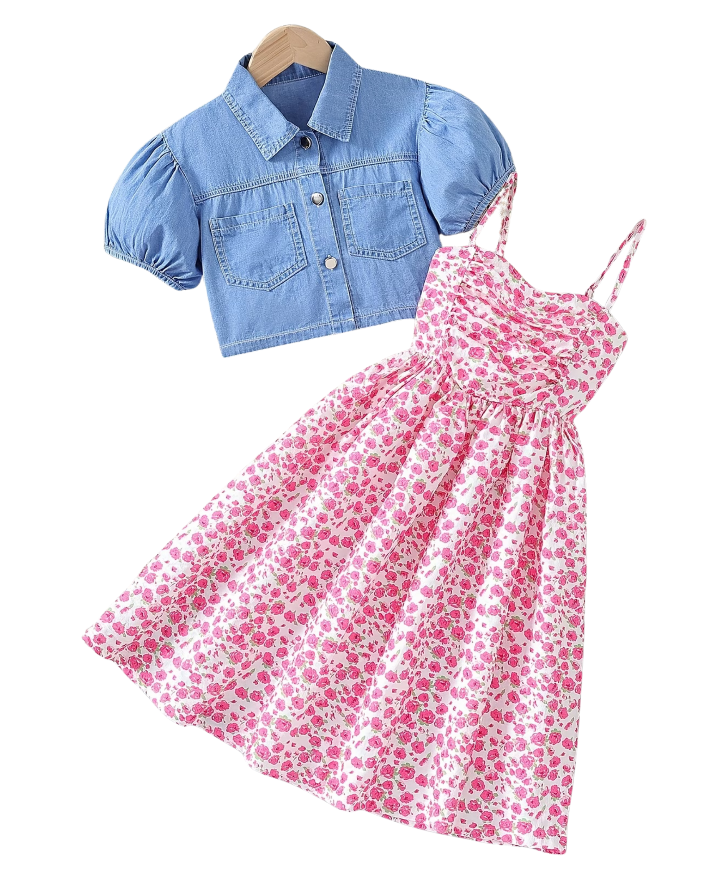 Denim top and Cami Dress with puff sleeves
