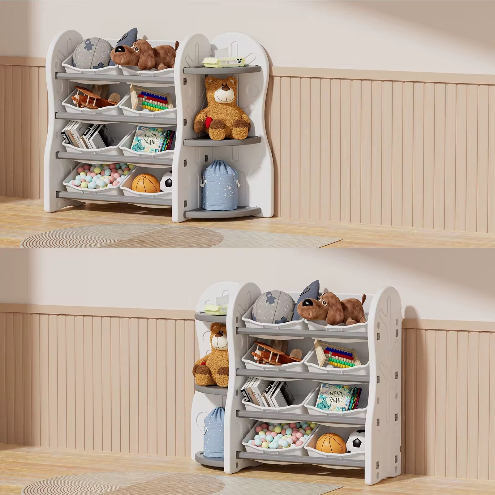 Treehouse Toy & Book Storage Shelf with 8 Bins – White & Grey