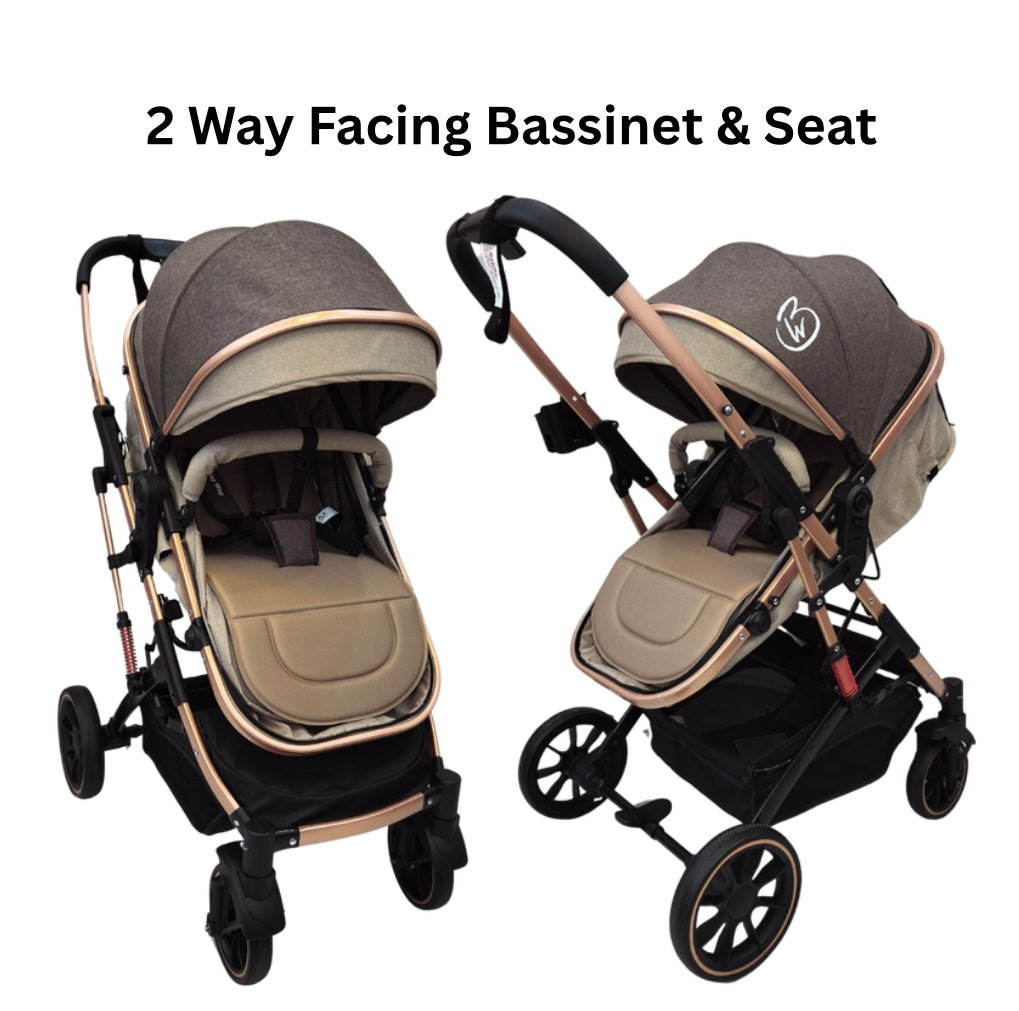 Preorder - Gold Series 3 in 1 Travel System - Stroller + Bassinet + Capsule with Food Tray - Beige/Gold