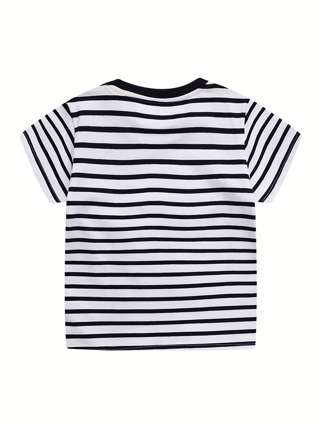 Boys' Summer Striped Short Sleeve T-Shirt with Embroidered Dinosaur Design