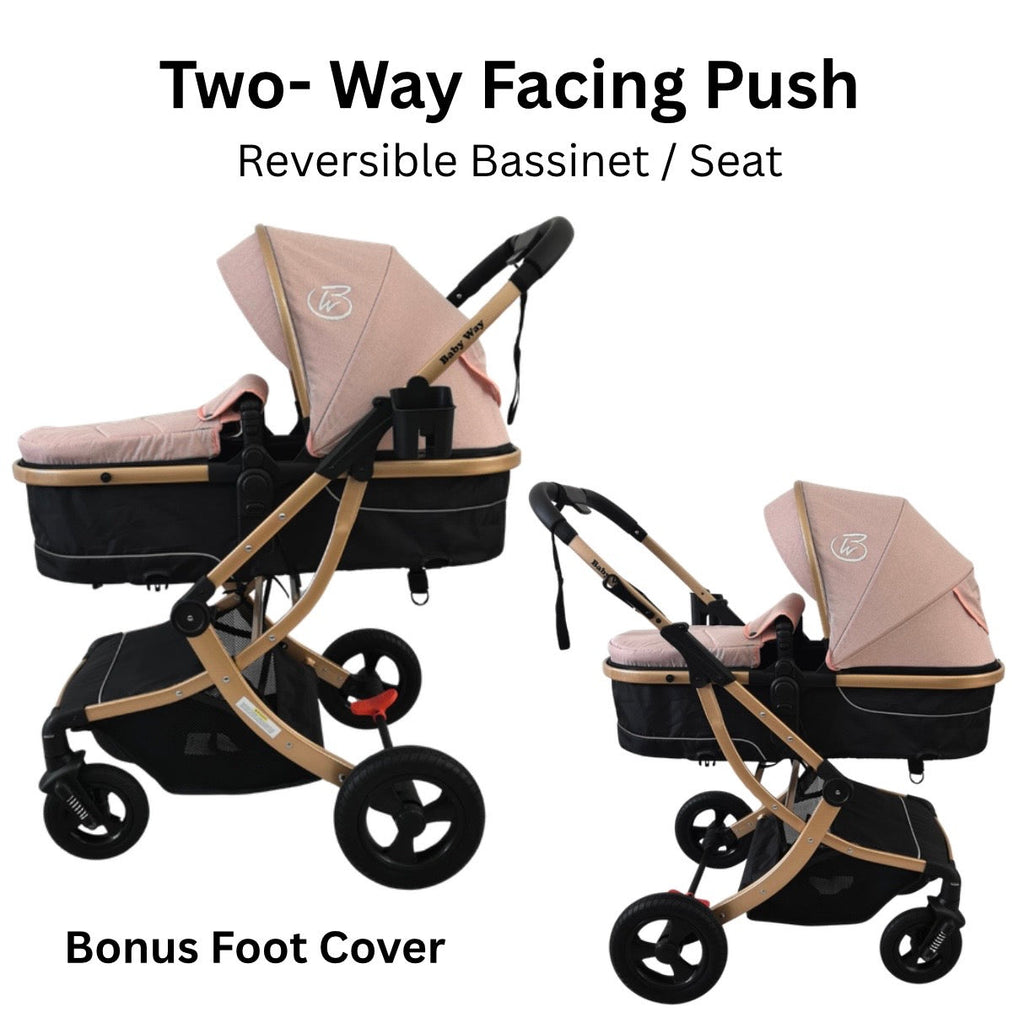 Preorder - Legacy Gold - 3in1 Stroller + Bassinet + Capsule Car Seat Combo with Mattress, Sunshades, Food Tray with Pink Skin