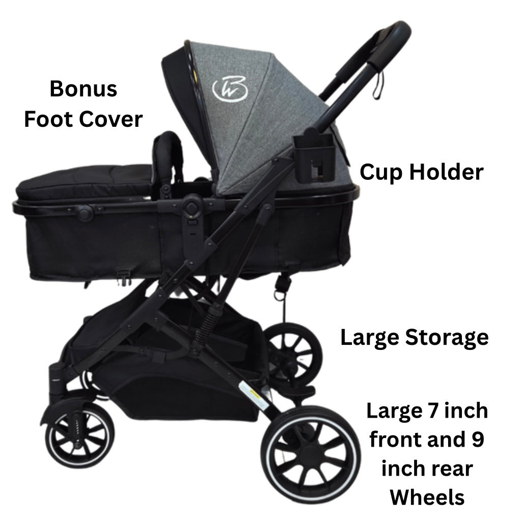 Preorder - Gold Series 3-in-1 Travel System - Bassinet + Stroller + Capsule with Food Tray - Grey/Black