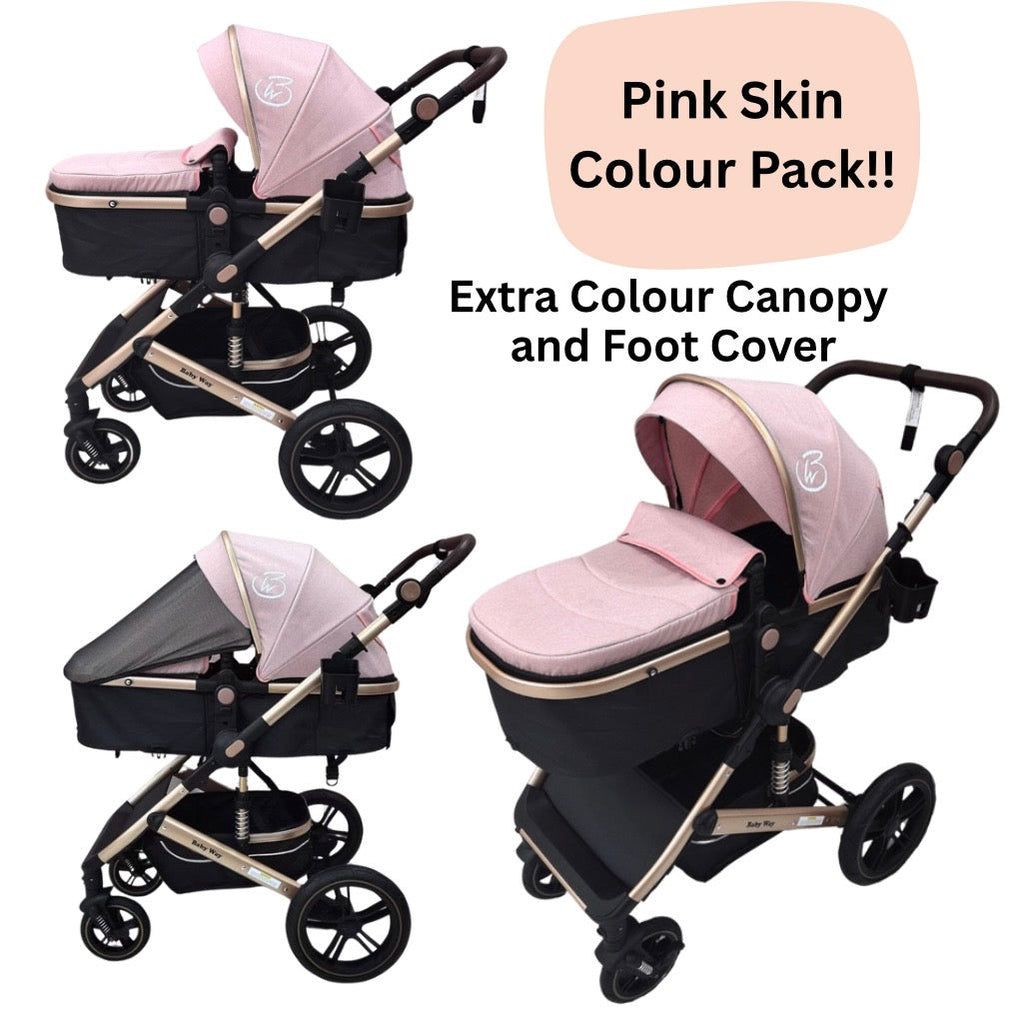Preorder - Supra Gold - 3 in 1 Stroller Buggy + Bassinet + Capsule Car Seat Combo with Mattress, Food Tray and Pink Skin