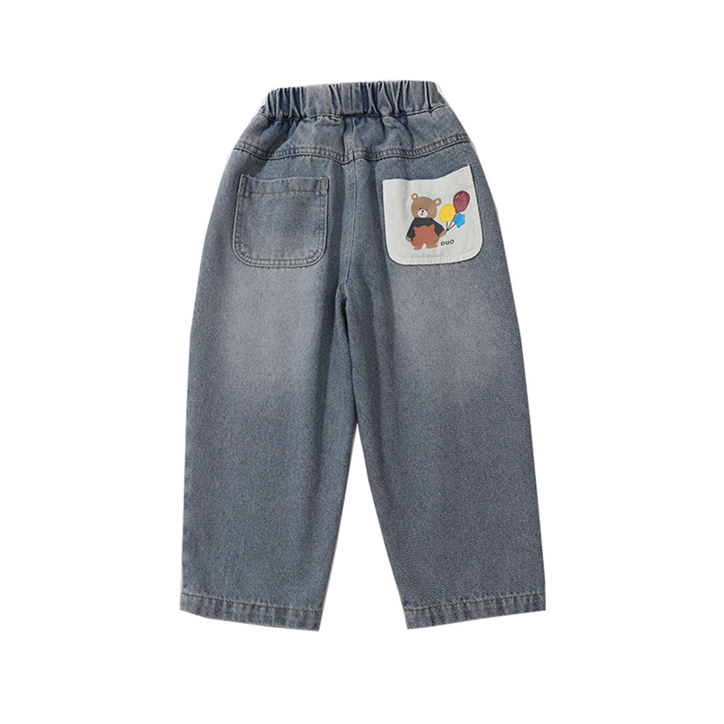 Children's Pocket Printed Jeans Girls Dad Pants Kids Clothing