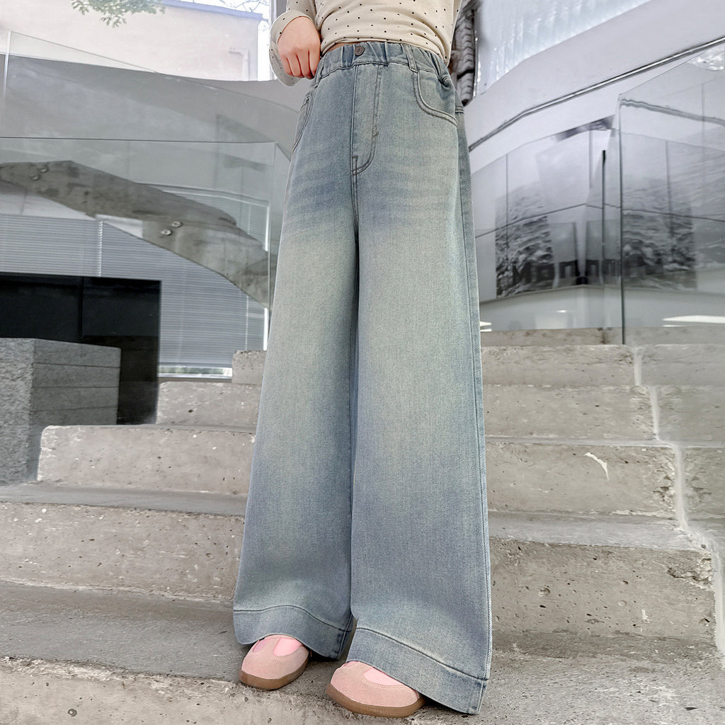 Girls' Denim Pants Embossed Label Student Stylish Kids Pants