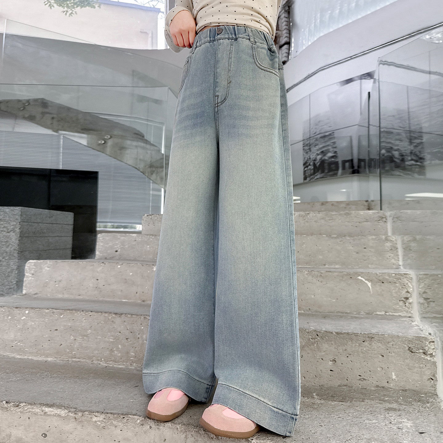 Girls' Denim Pants Embossed Label Student Stylish Kids Pants