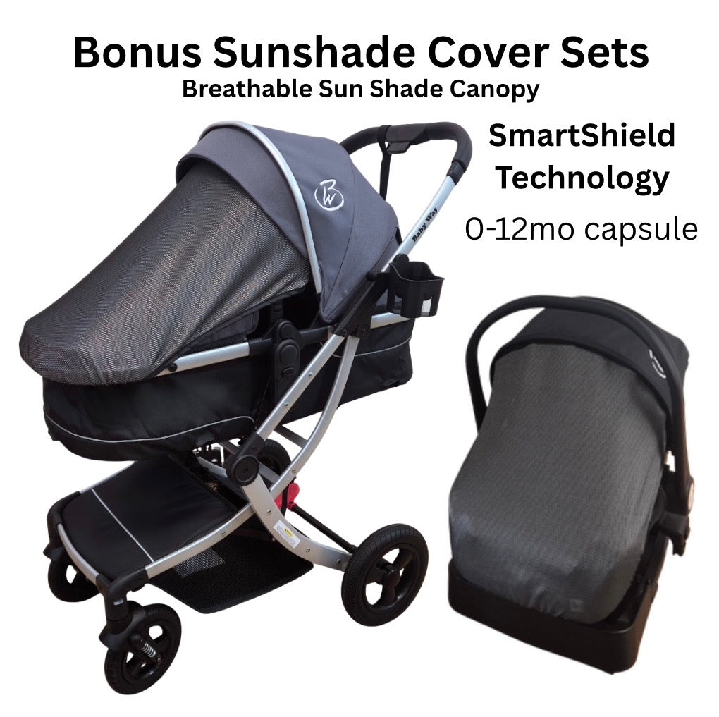 Legacy Travel System - Stroller + Bassinet + Capsule with Mattress and Food Tray - Grey Skin