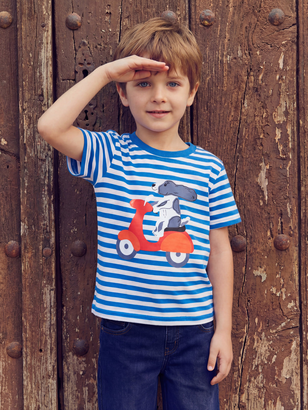 Boys' Striped T-Shirt with a Dog Riding a Scooter Print