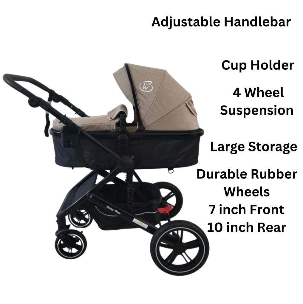 Supra Black - 3in1 Stroller Buggy + Bassinet + Capsule Travel System with Sunshade Sets and Food Tray & Beige Colour Pack