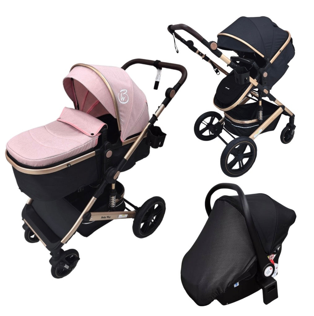 Preorder - Supra Gold - 3 in 1 Stroller Buggy + Bassinet + Capsule Car Seat Combo with Mattress, Food Tray and Pink Skin