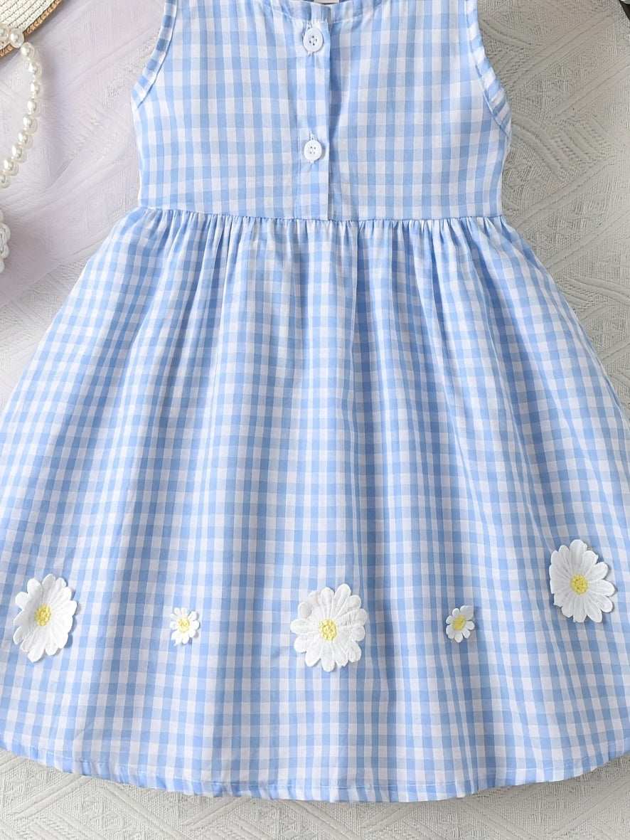 Girls' New Summer Cute and Stylish Plaid Daisy Sleeveless Casual Dress