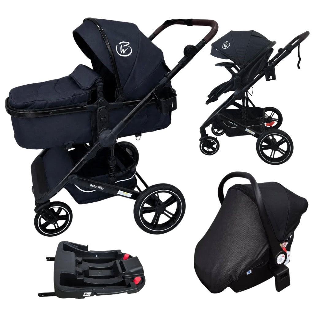 Supra Black - 3in1 Stroller Buggy + Bassinet + Capsule Travel System with Sunshade Sets and Food Tray & Grey Colour Pack