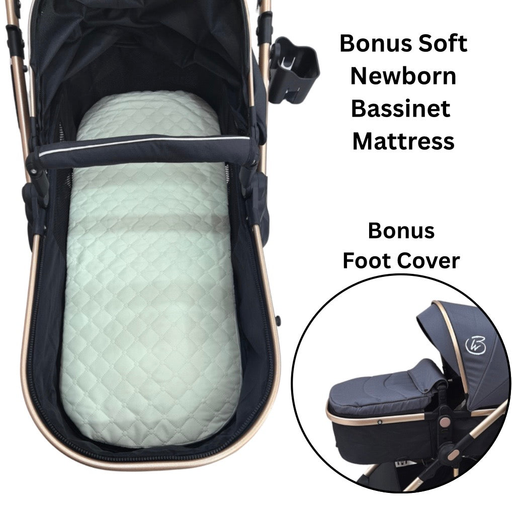 Preorder - Supra Gold - 3 in 1 Stroller Buggy + Bassinet + Capsule Car Seat Combo with Mattress, Food Tray and Grey Skin