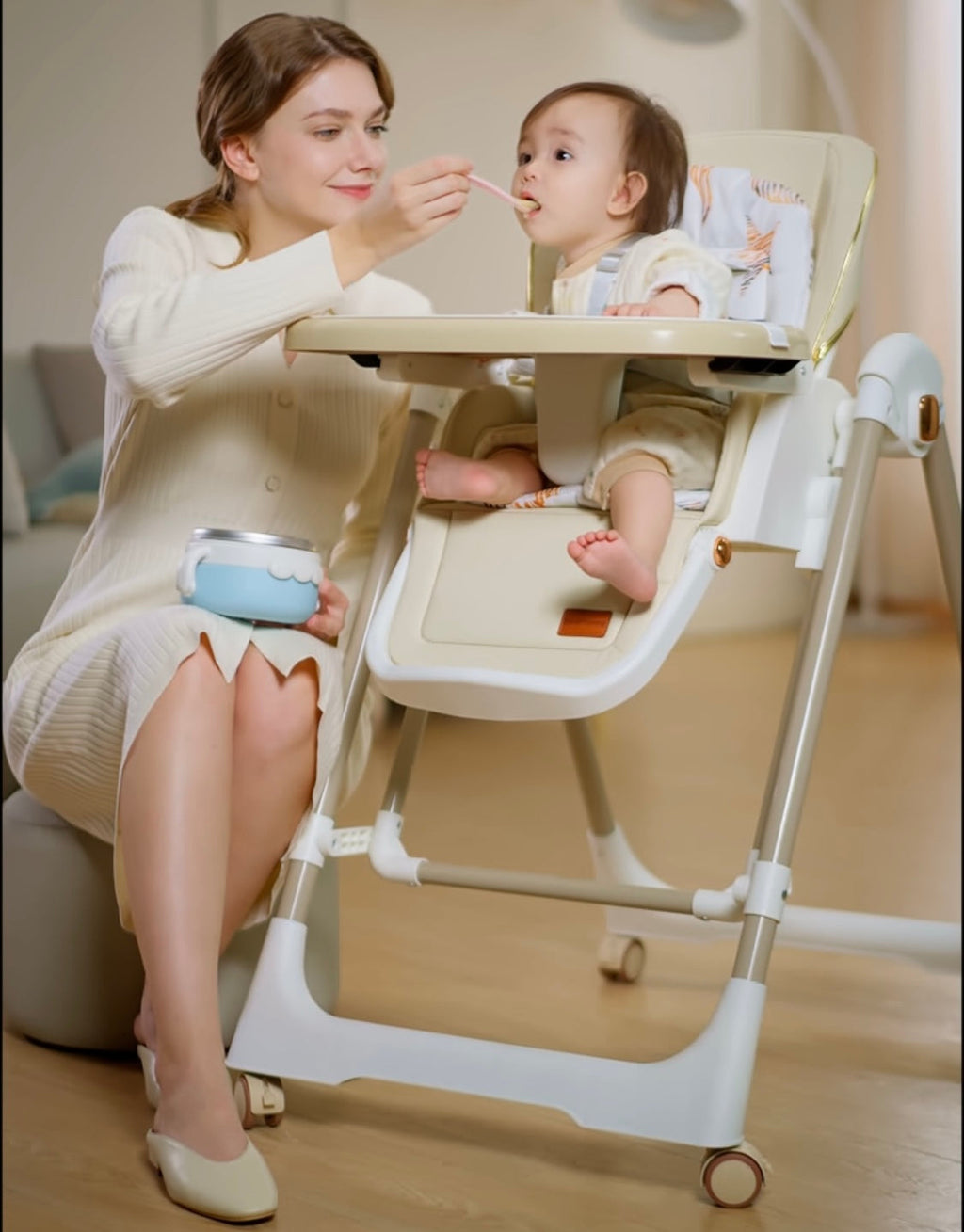 Jupiter Beige 2-in-1 High Chair & Swing, Height Adjustable and Recline