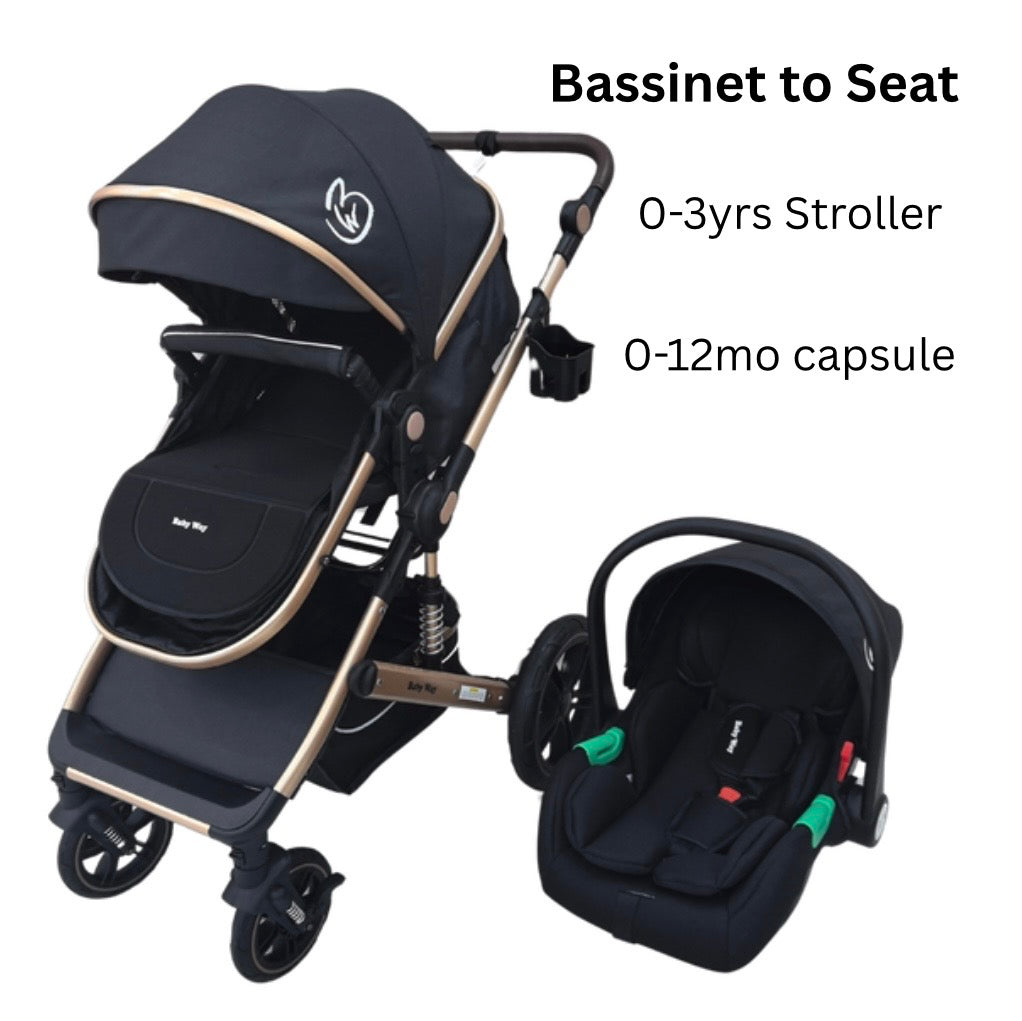 Preorder - Supra Gold - 3 in 1 Stroller Buggy + Bassinet + Capsule Car Seat Combo with Mattress, Food Tray and Pink Skin
