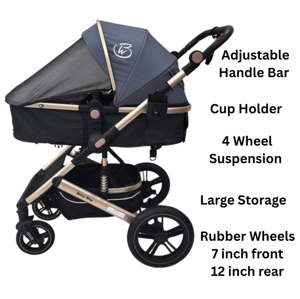 Preorder - Supra Gold - 3 in 1 Stroller Buggy + Bassinet + Capsule Car Seat Combo with Mattress, Food Tray and Grey Skin