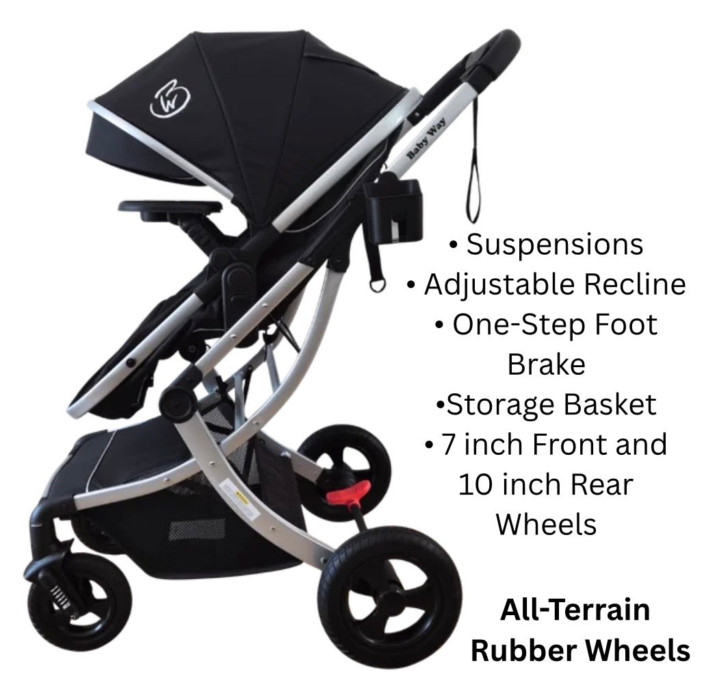 Starla Silver – 2-in-1 Bassinet to Seat All-Terrain Stroller + Food Tray
