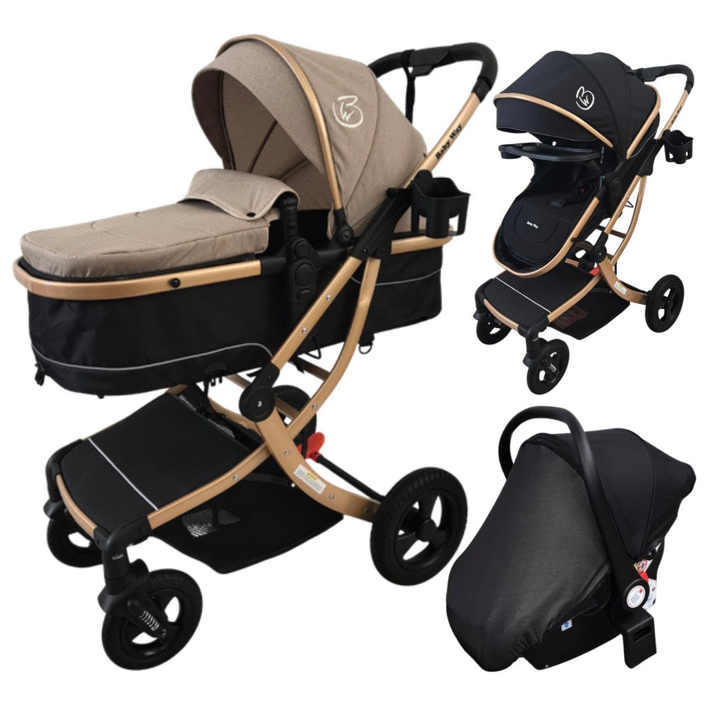 Preorder - Legacy Gold - 3in1 Stroller + Bassinet + Capsule Car Seat Combo with Mattress, Sunshades, Food Tray and Beige Skin