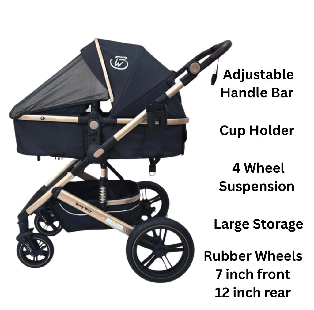 Preorder - Supra Gold 3-in-1 Travel System – Stroller Buggy + Bassinet + Capsule Car Seat and Mattress, Food Tray - Black Gold
