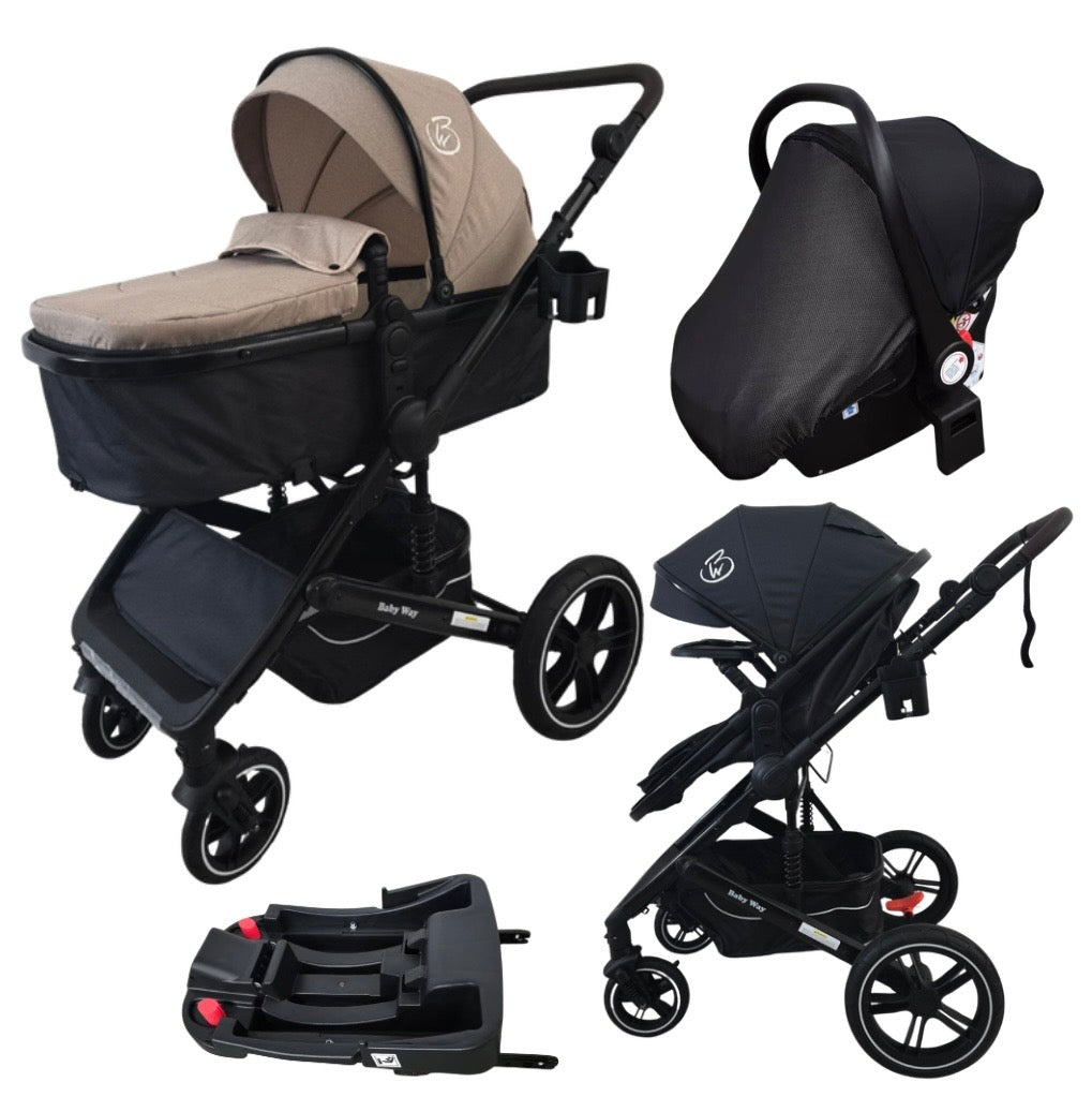Supra Black - 3in1 Stroller Buggy + Bassinet + Capsule Travel System with Sunshade Sets and Food Tray & Beige Colour Pack