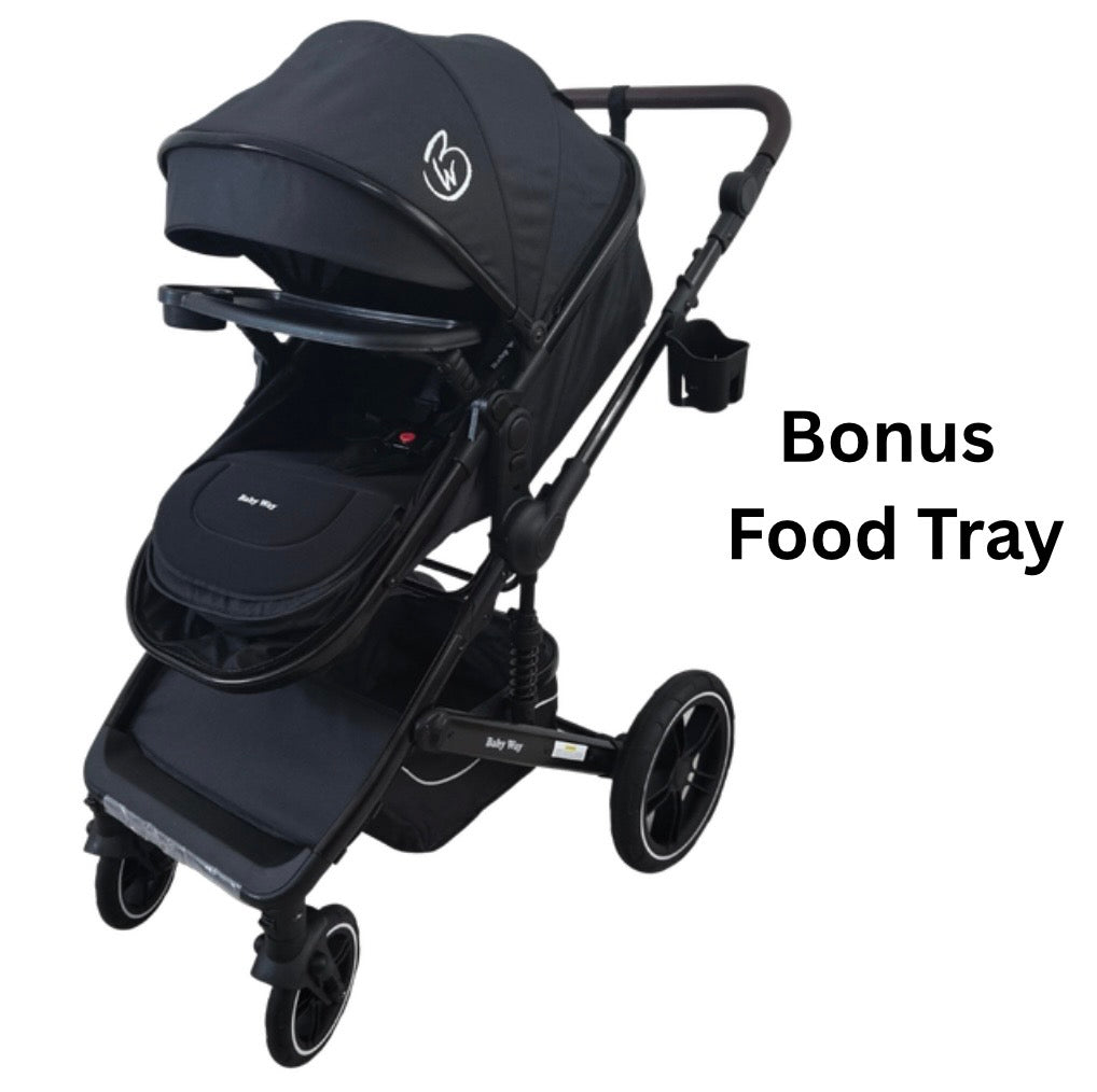 Supra Black - 3in1 Stroller Buggy + Bassinet + Capsule Travel System with Sunshade Sets and Food Tray & Beige Colour Pack