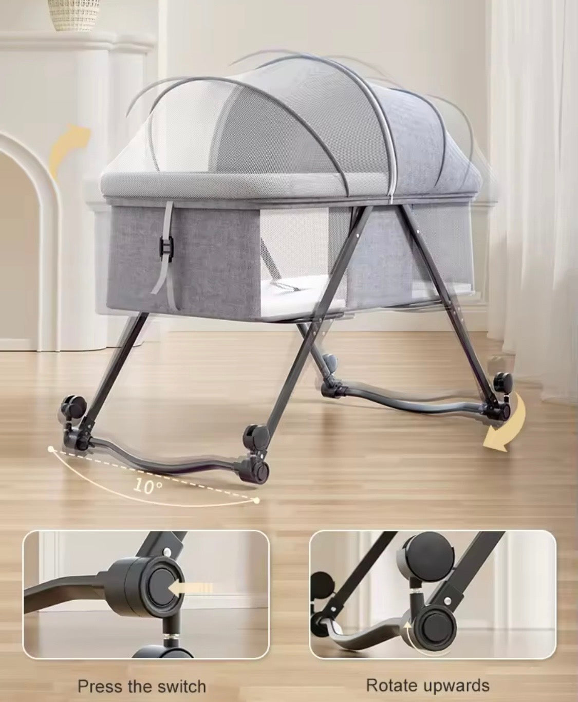 Luna Portable Compact Folding Baby Bassinet with Canopy and Locking Wheels