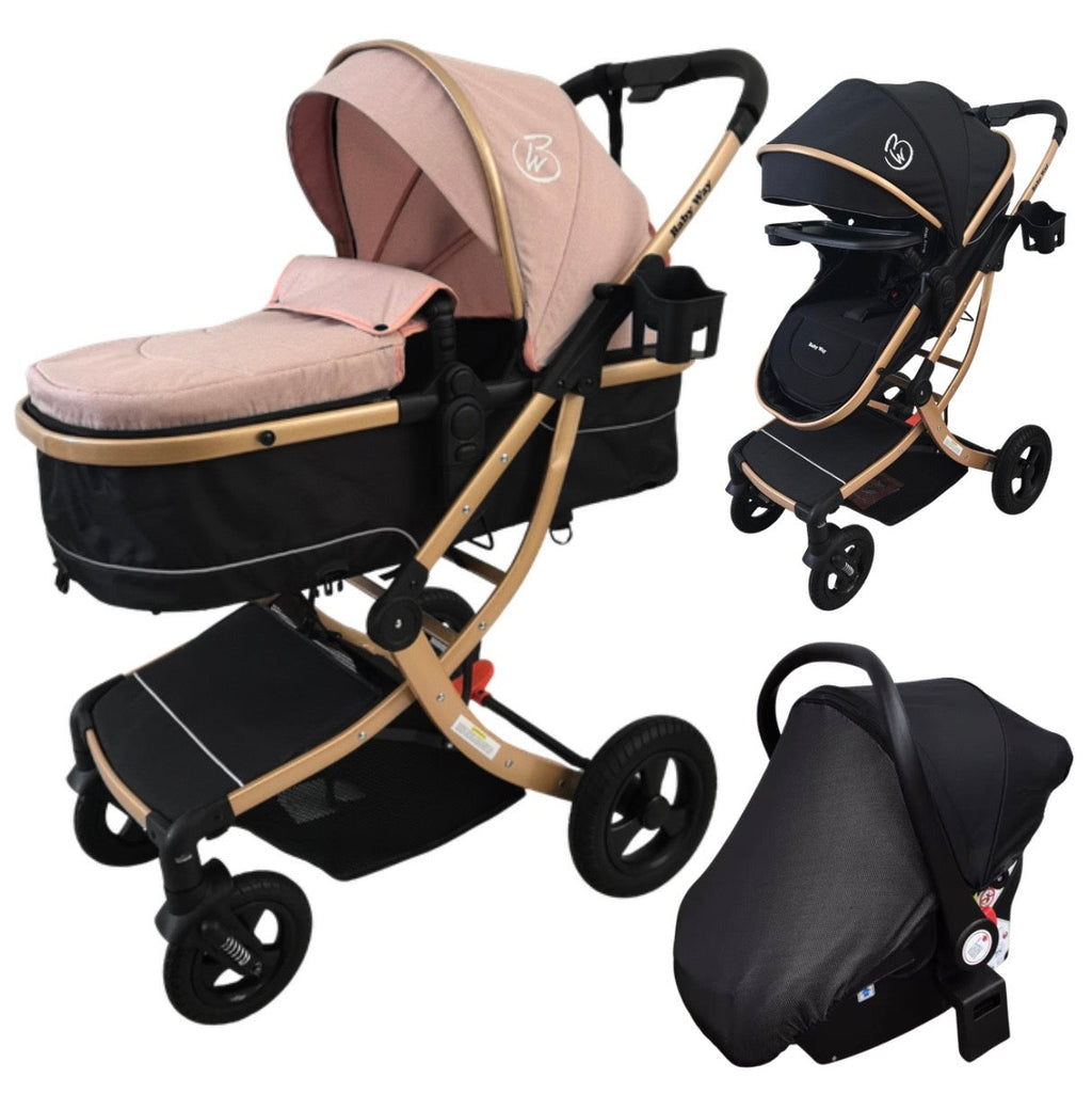 Preorder - Legacy Gold - 3in1 Stroller + Bassinet + Capsule Car Seat Combo with Mattress, Sunshades, Food Tray with Pink Skin