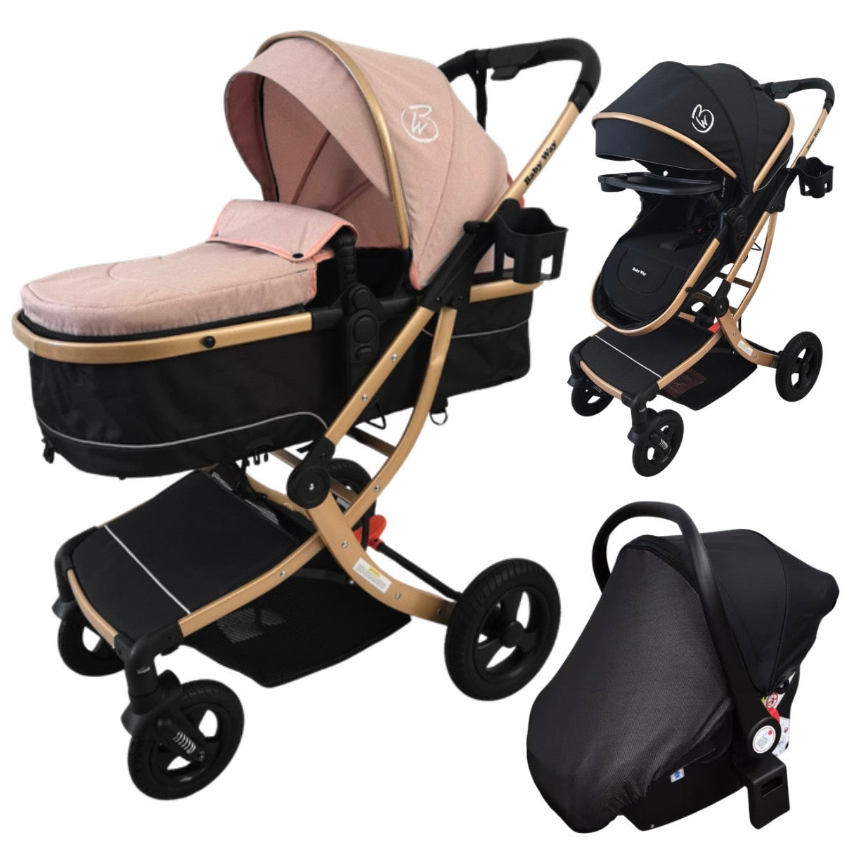 Preorder - Legacy Gold - 3in1 Stroller + Bassinet + Capsule Car Seat Combo with Mattress, Sunshades, Food Tray with Pink Skin