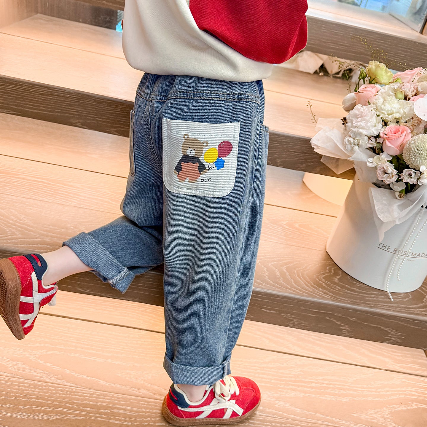 Children's Pocket Printed Jeans Girls Dad Pants Kids Clothing