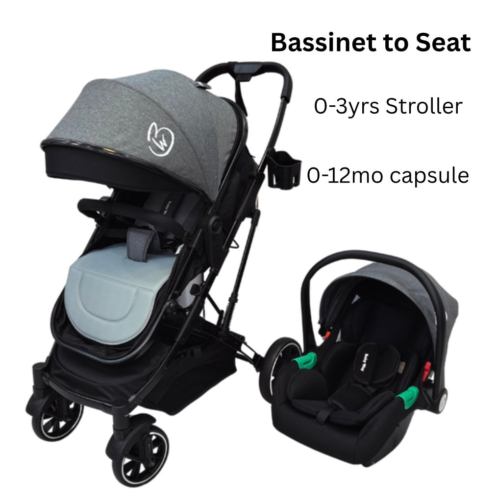 Preorder - Gold Series 3-in-1 Travel System - Bassinet + Stroller + Capsule with Food Tray - Grey/Black