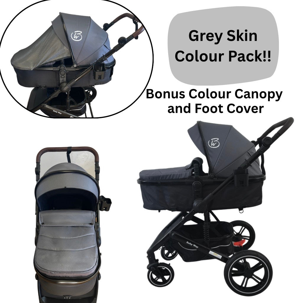 Supra Black - 3in1 Stroller Buggy + Bassinet + Capsule Travel System with Sunshade Sets and Food Tray & Grey Colour Pack