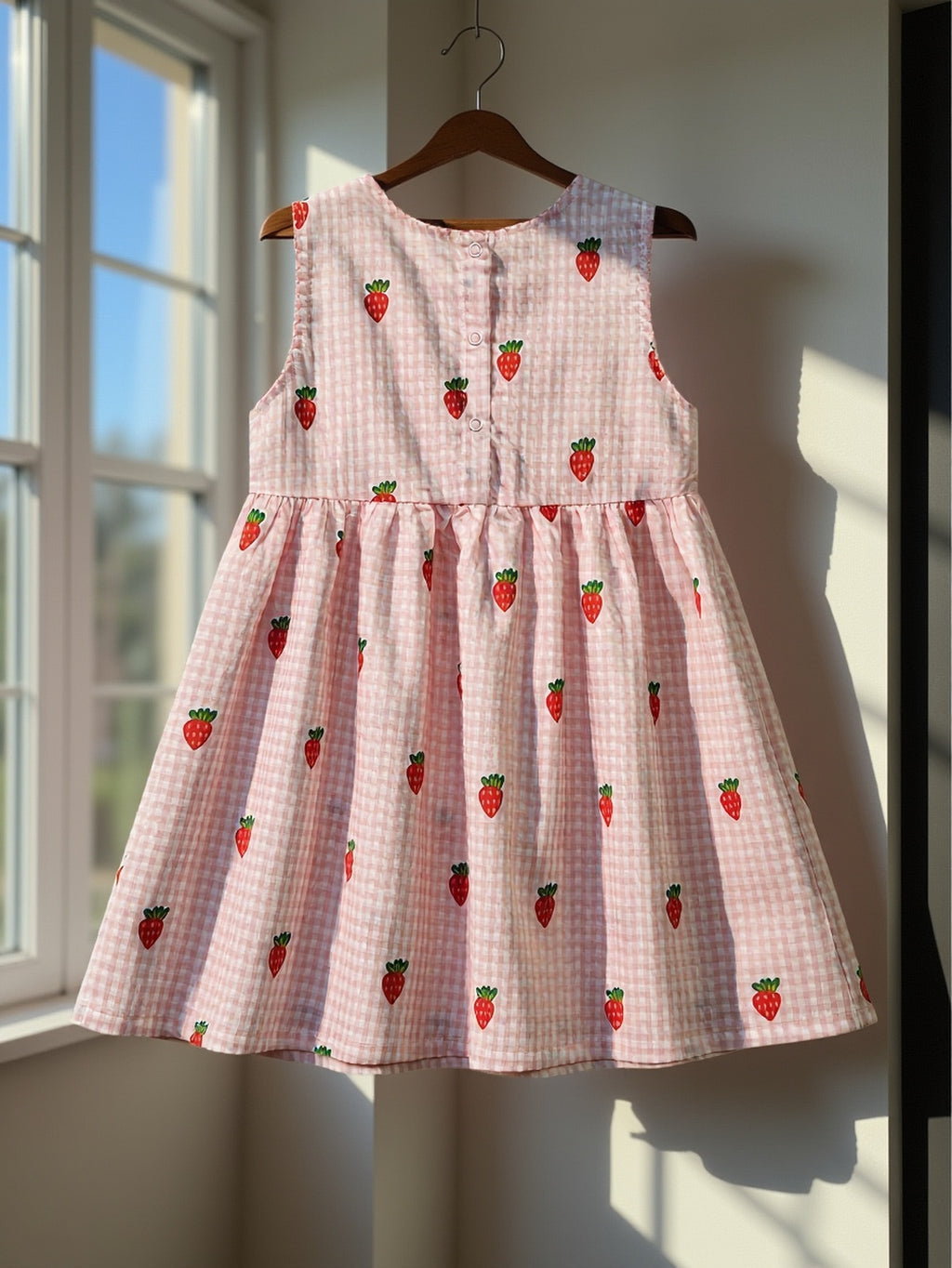 Summer Girls' Pink Cute Sleeveless Dress with Buttons, Cartoon Strawberry Casual Breathable Children's Dress