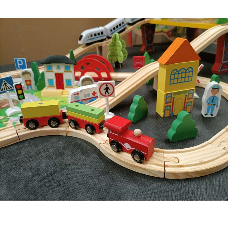 78 Pcs Wooden Railway Track Toy Early Educational Manual Control Car Set Gift