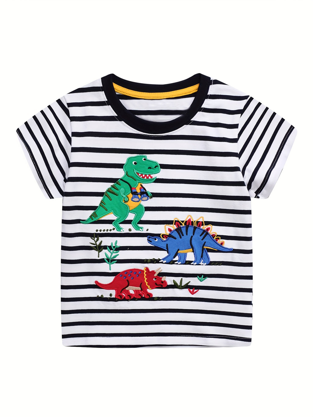 Boys' Summer Striped Short Sleeve T-Shirt with Embroidered Dinosaur Design