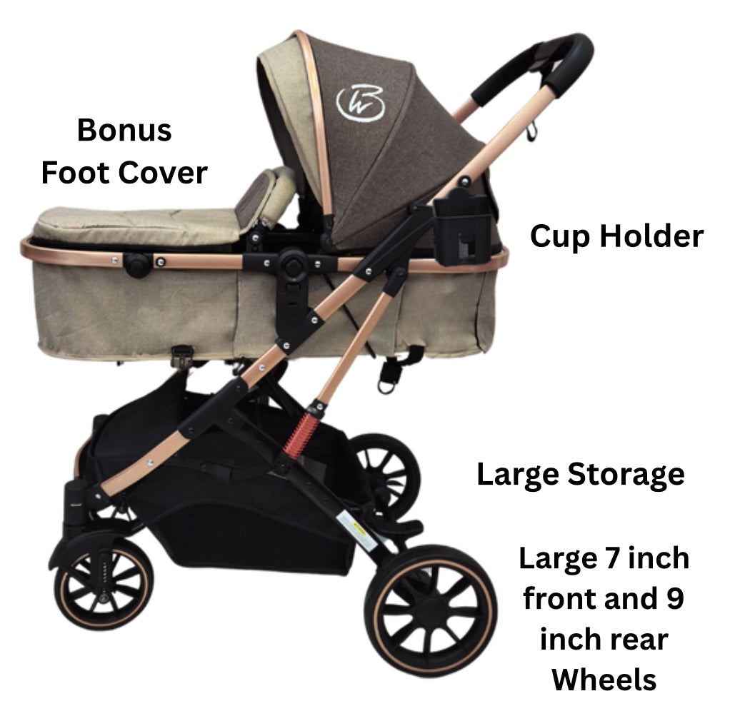 Preorder - Gold Series 3 in 1 Travel System - Stroller + Bassinet + Capsule with Food Tray - Beige/Gold