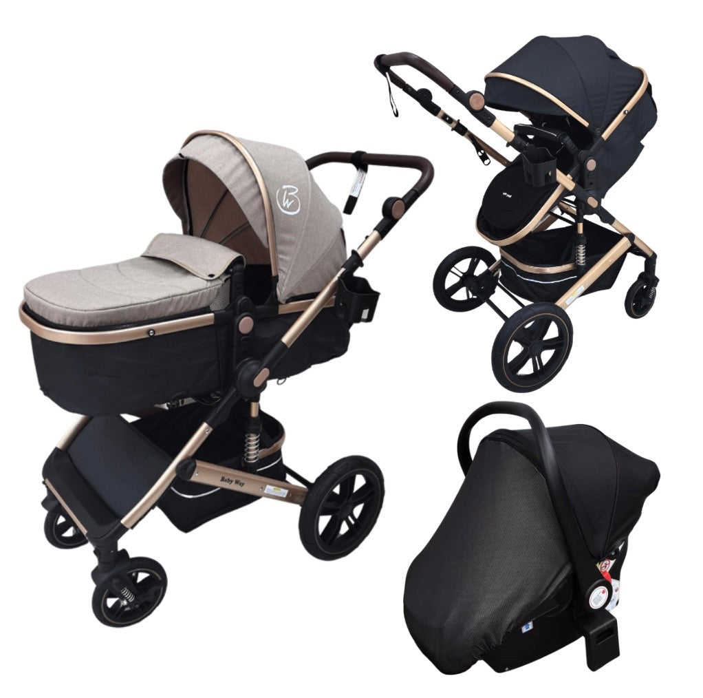 Preorder - Supra Gold - 3 in 1 Stroller Buggy + Bassinet + Capsule Car Seat Combo with Mattress, Food Tray and Beige Skin