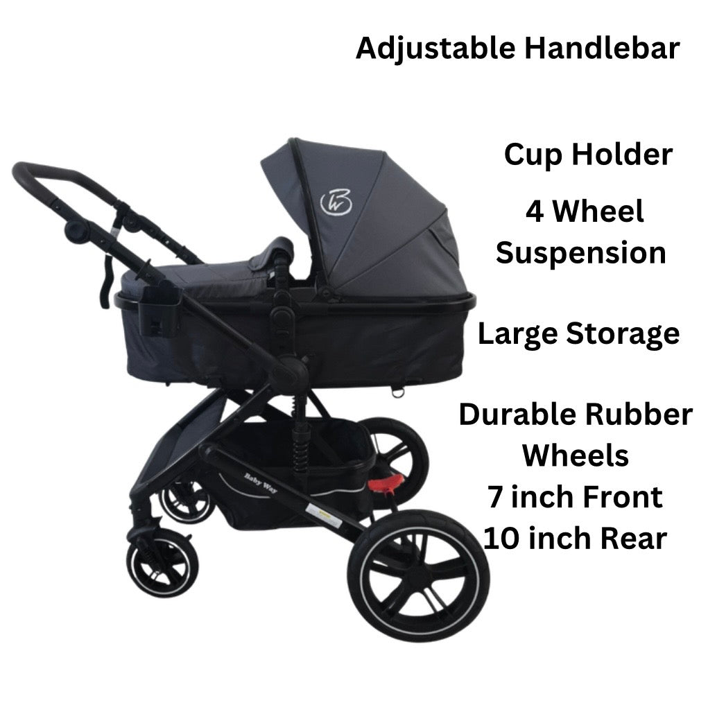 Supra Black - 3in1 Stroller Buggy + Bassinet + Capsule Travel System with Sunshade Sets and Food Tray & Grey Colour Pack