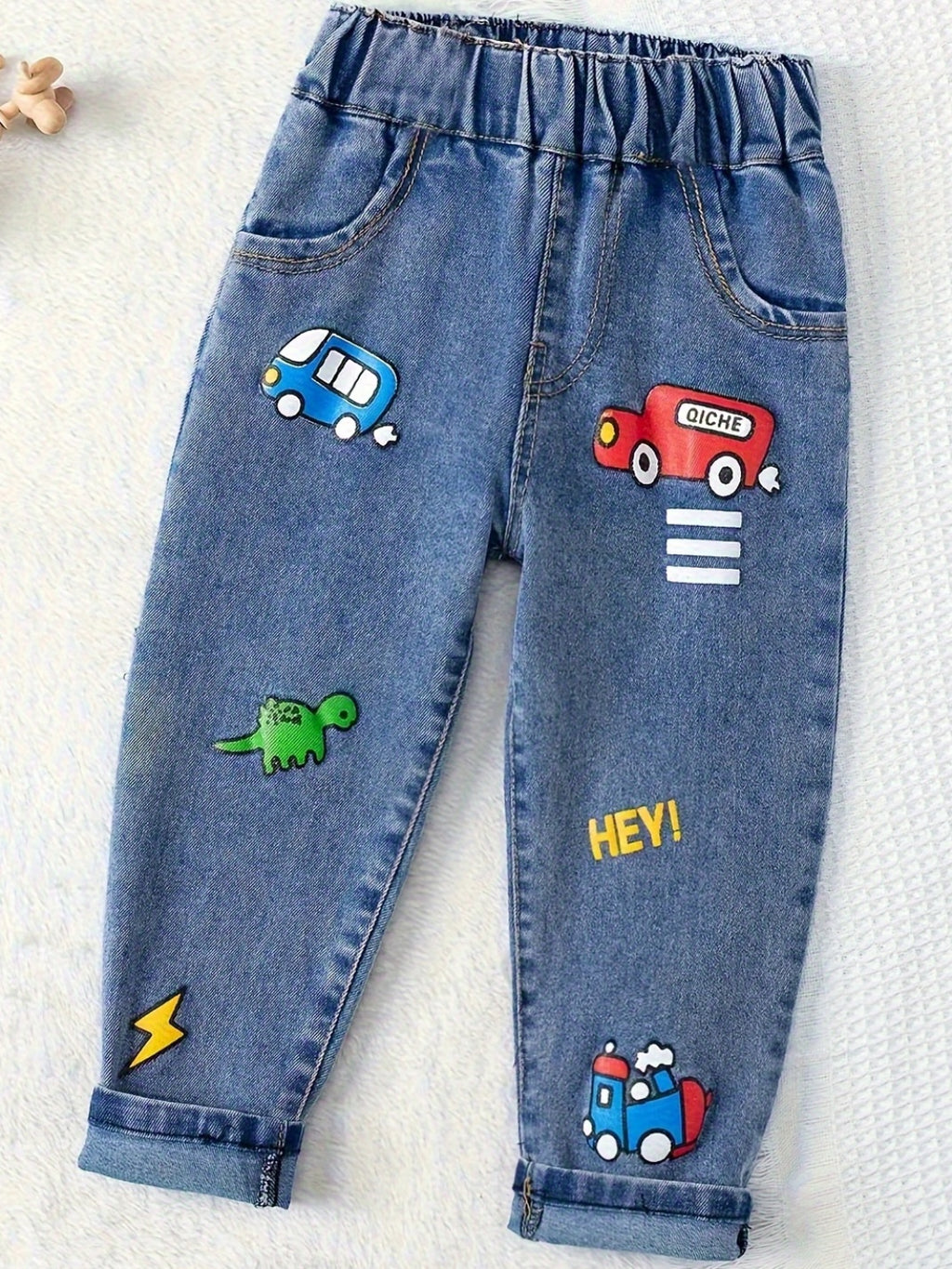 Boys' Fun Car Prints, Kids Washed Denim Jeans