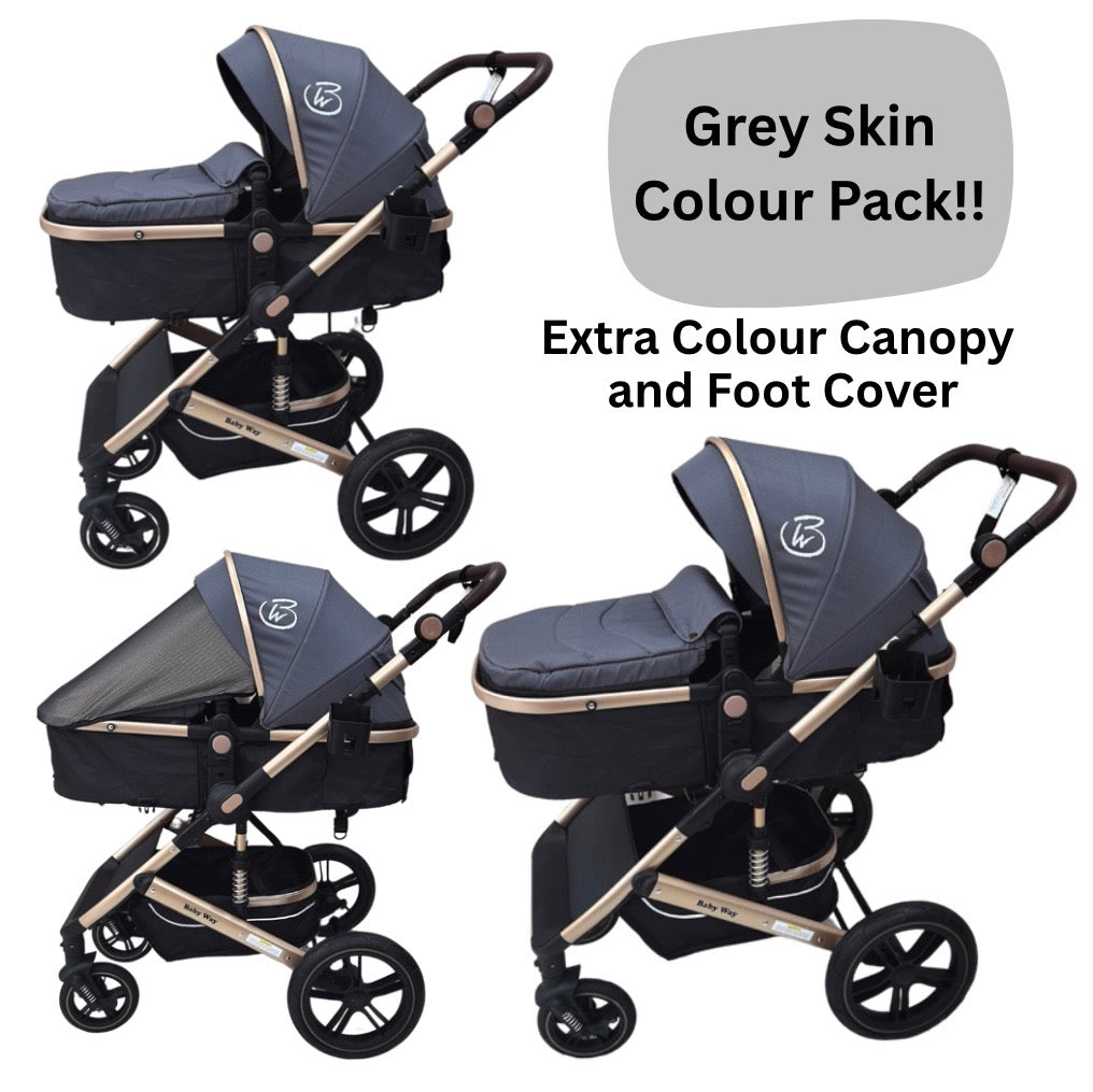 Preorder - Supra Gold - 3 in 1 Stroller Buggy + Bassinet + Capsule Car Seat Combo with Mattress, Food Tray and Grey Skin